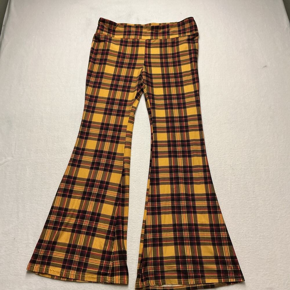 No Boundaries Yellow Plaid Flare Women's Pants XXL High Rise Bottom Stretch,4154